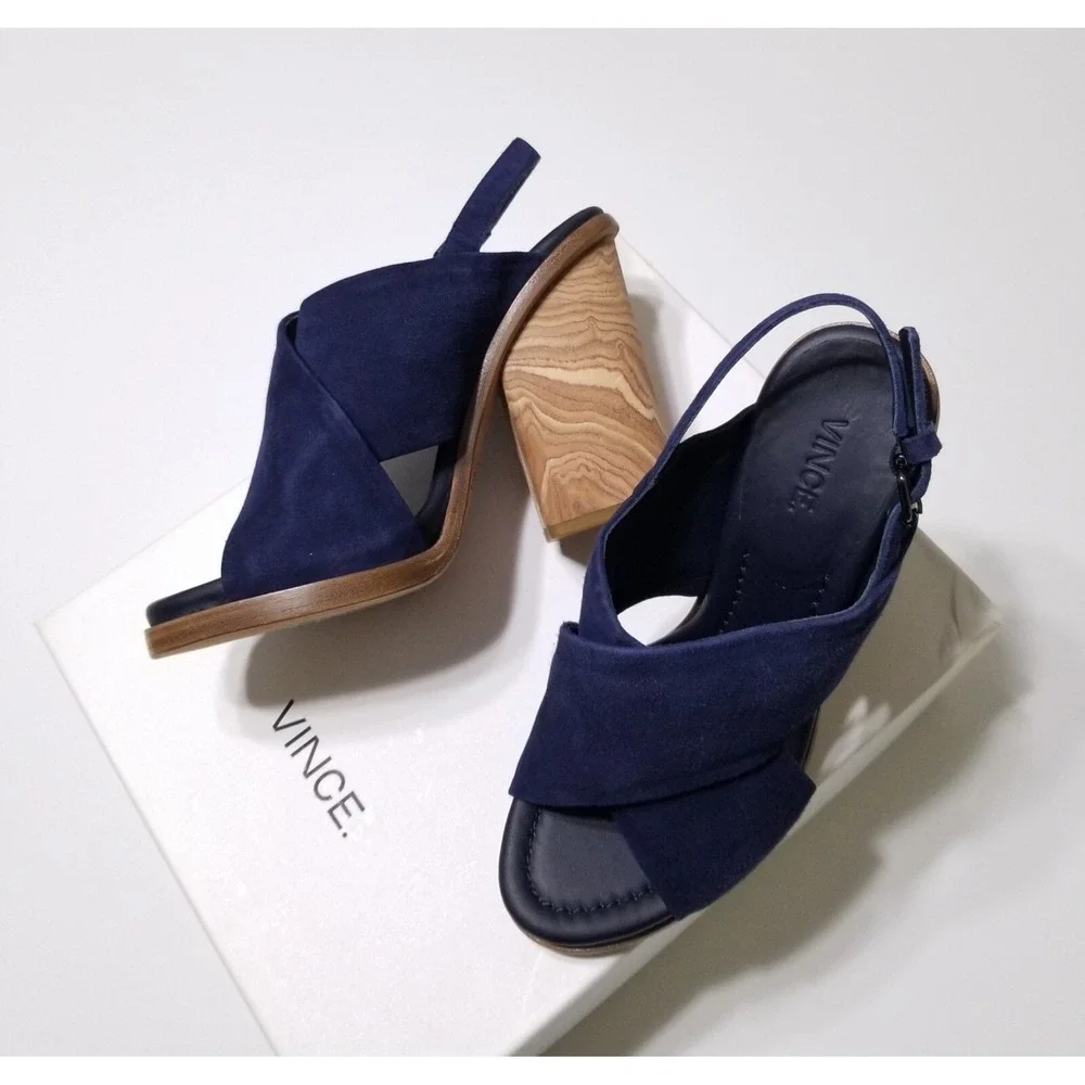 Vince Helena Suede Slingback Wooden Block Heel Sandals Indigo Blue NIB 6.5 7